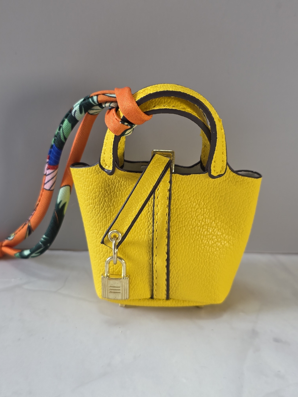 Mini Yellow Bucket Bag Charm with Twilly Scarf & Lock